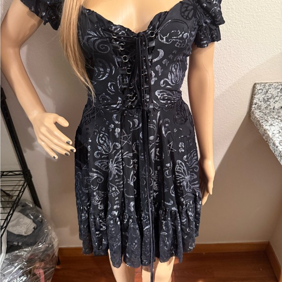 NWT BlackMilk Burned Velvet Skull Butterfly Garden Corseted Dress in Pewter L - Picture 4 of 10